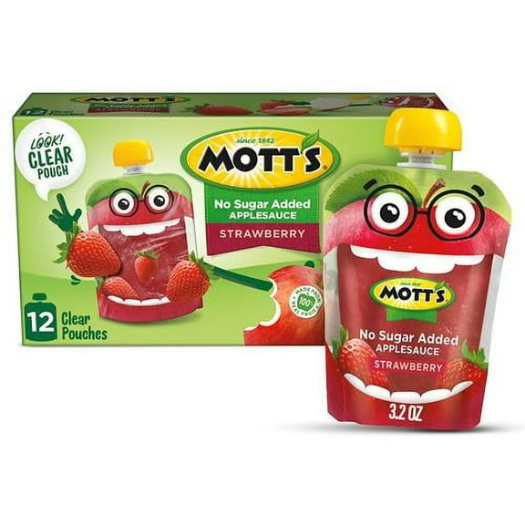 Motts No Sugar Added Strawberry Applesauce, 3.2 Oz Clear Pouches, 12 Count - Pack of 2
