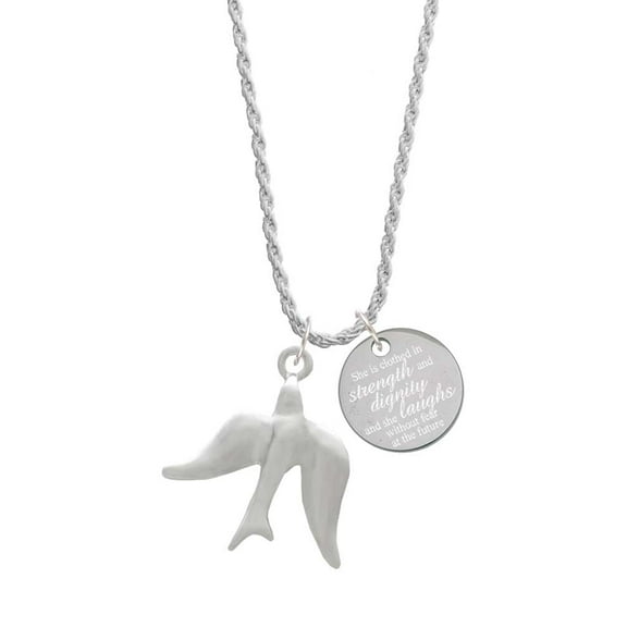 Delight Jewelry Silvertone 3-D Dove She is Clothed in Stength and Dignity Charm Necklace, 20" 3"