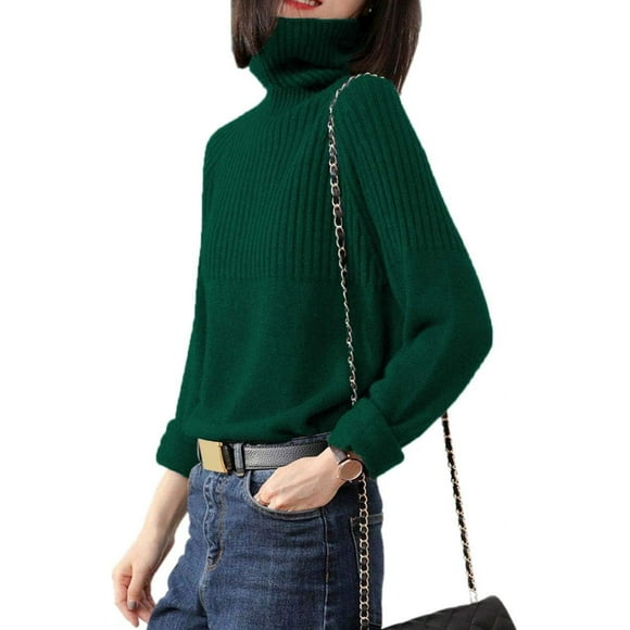 aters Womens Loose Jumpers Merino Wool Knit Split Thick Turtleneck Pullover Long Sleeve Winter Tops Green X-Large