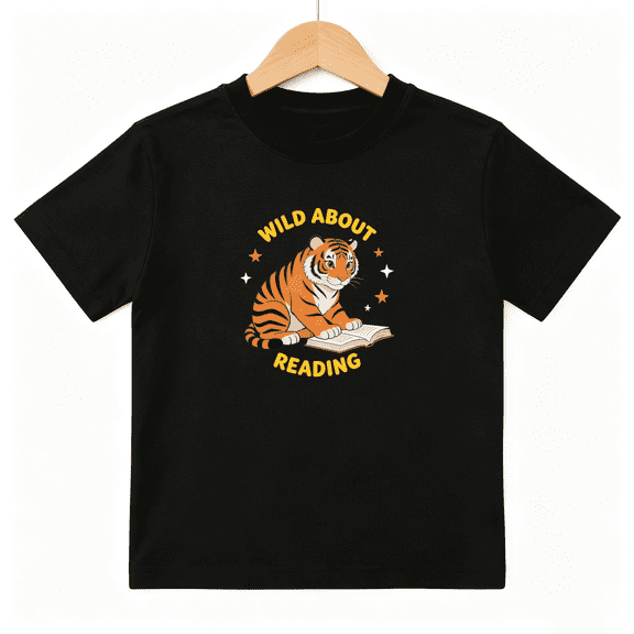 Wild About Reading Boys Graphic Tee, Cute Cartoon Tiger Book 100% Cotton Kids Short Sleeve T-Shirt
