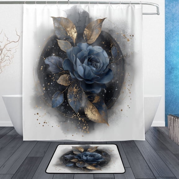 TTYFWHD 60" x 72" Shower Curtain and Bath Mat Set Beautiful Blue Rose Waterproof Bathroom Curtain with 12 Hooks, Bathroom Decor Set