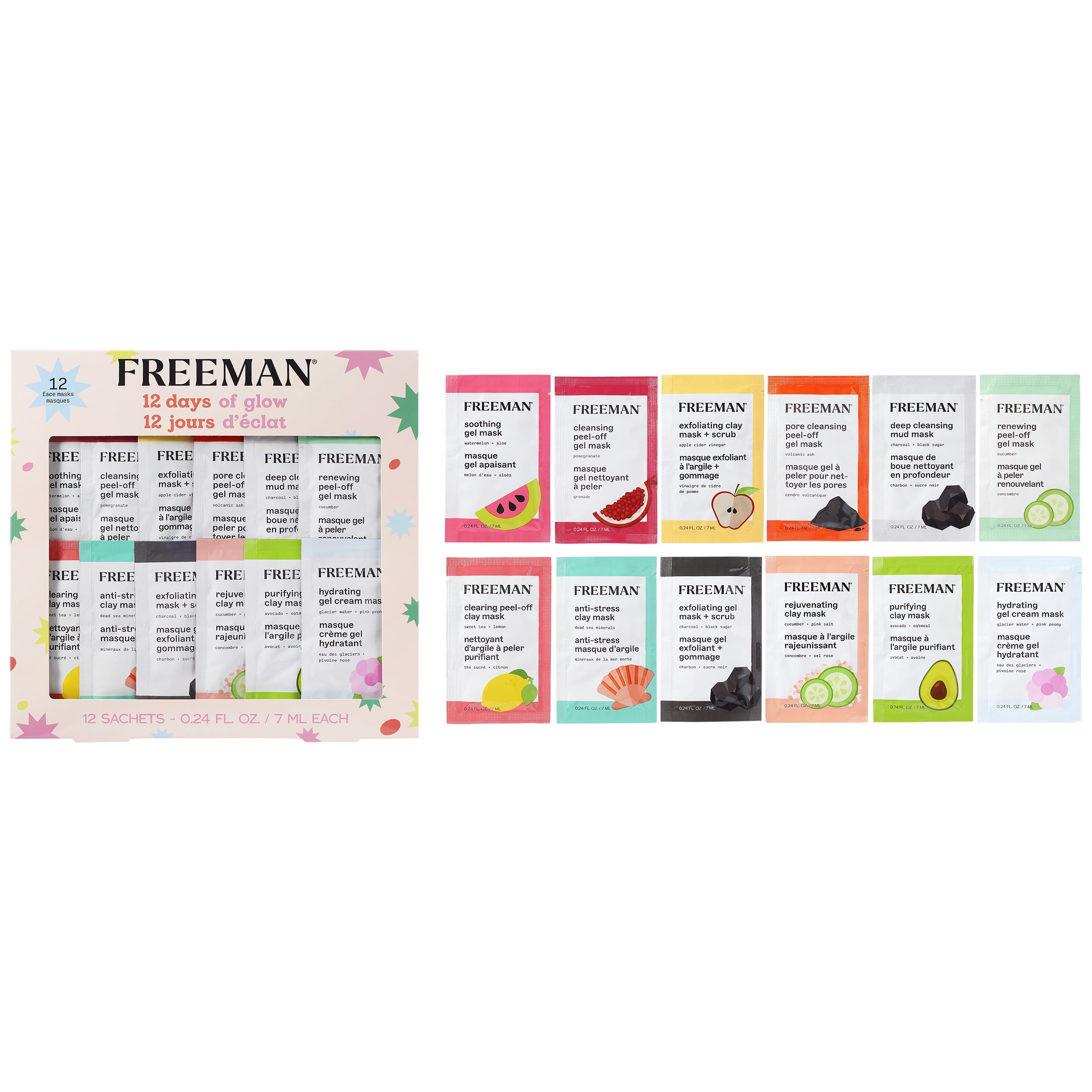 Freeman Limited Edition 12 Days of Glow Facial Mask Kit, 12 Piece Holiday Face Mask Gift Set