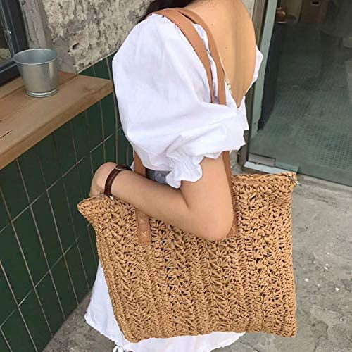 LinYooLi Women Straw Crochet Tote Bohemian Summer Beach Bag Large Handmade Shoulder Bag