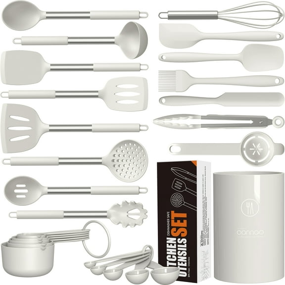 Large Silicone Cooking Utensils Set - Heat Resistant Kitchen Utensils,Turner Tongs,Spatula,Spoon,Brush,Whisk,Stainless Steel Silicone Cooking Tool for Nonstick Cookware,Dishwasher Safe (Cream White)