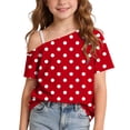 thumbnail image 2 of Fengqque Girl's off the Shoulder Tops Short Sleeve Loose Summer T Shirt Tops Polka Dot Print Cold Shoulder Tops Red-A 9-10 Years, 2 of 9