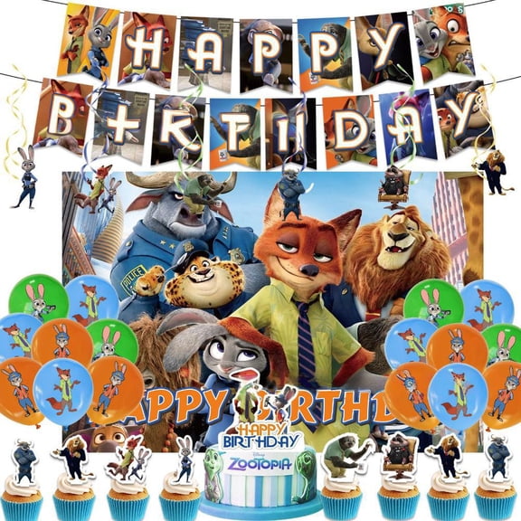 Zootopia Birthday Decoration - Zootopia Themed Party Supplies Set includes Cupcake Toppers, Cake Topper, Happy Birthday Banner, Balloons, Background