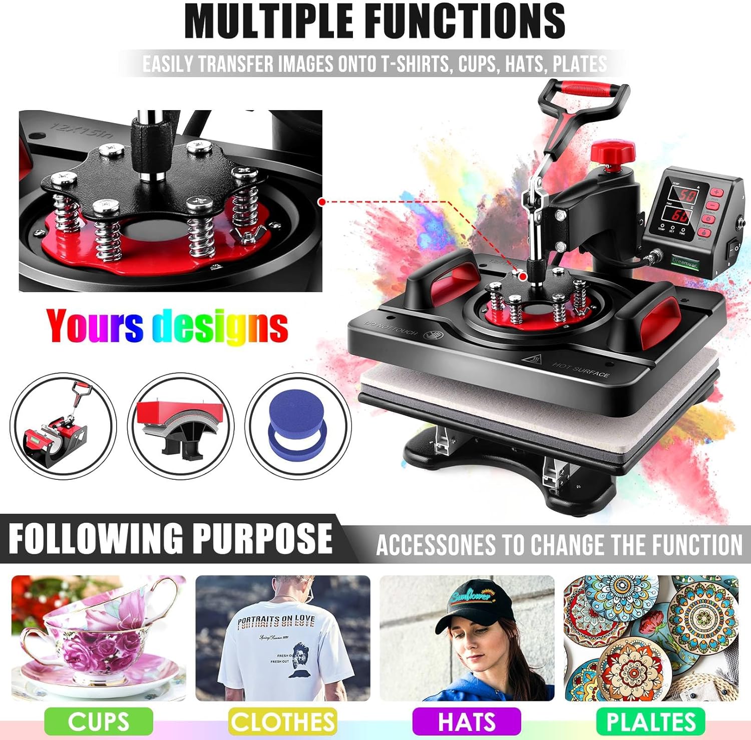 Adnoom 8 in 1 Heat Press Machine 15"x12" with LCD Control Panel, Full 360°Swing Away Heat Press Machine with Multi-Spring Pressure Knob, Sublimation Vinyl Digital Heat Press for Tshirt,Cap,Mug