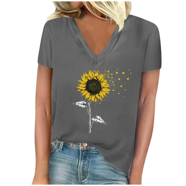 Camisetas de Manga Corta para las Mujeres, Impresión de Cuello en V Camiseta Casual Top Hecho de 95% Poliéster 5% Spandex para el Uso Diario de Primavera Verano, Camisetas para las Mujeres Casual