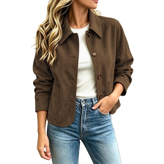 uublik Womens Faux Suede Jackets Brown Long Sleeve Casual Button Down Coat Trendy Fall Clothes