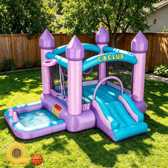 COCLUB Inflatable Bounce House for Kids Outdoor & Indoor, Toddler Bouncy Castle with Slide, Blower, Ball Pit - 6-in-1 Jumping Toy for Ages 2-5 (154x113x90”)