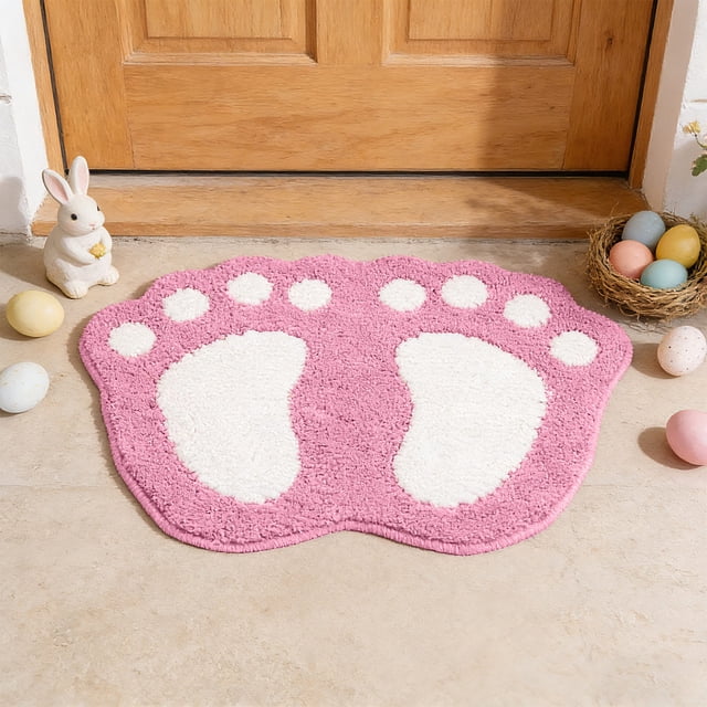 Fwttom Easter Footprints Bath Rug Front Door Carpet Footprints Shaped Tuft Bath Mat Non Slide Washable Floor Mat for Spring Birthday Shower Home Bathroom Decor