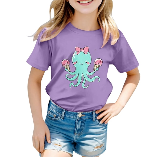 T-Shirts pour Filles, Manches Courtes, Col Rond, Été, 10-11 Ans