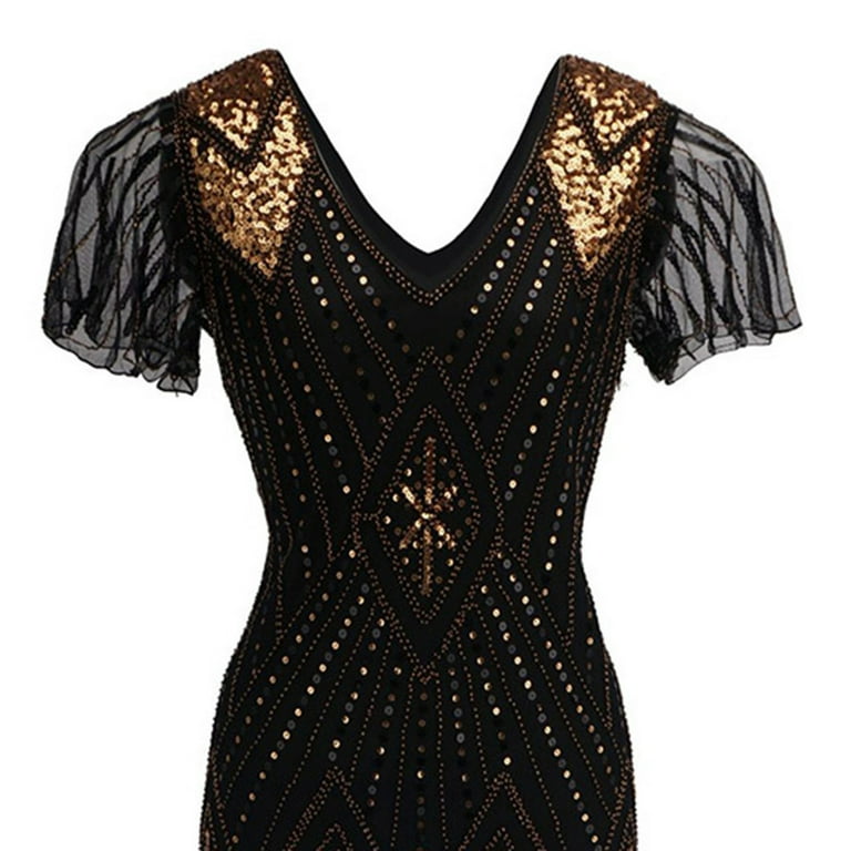 slim fit dress slacks 1920s Black Gold Beaded Sequin Stella Flapper Dress main image 1