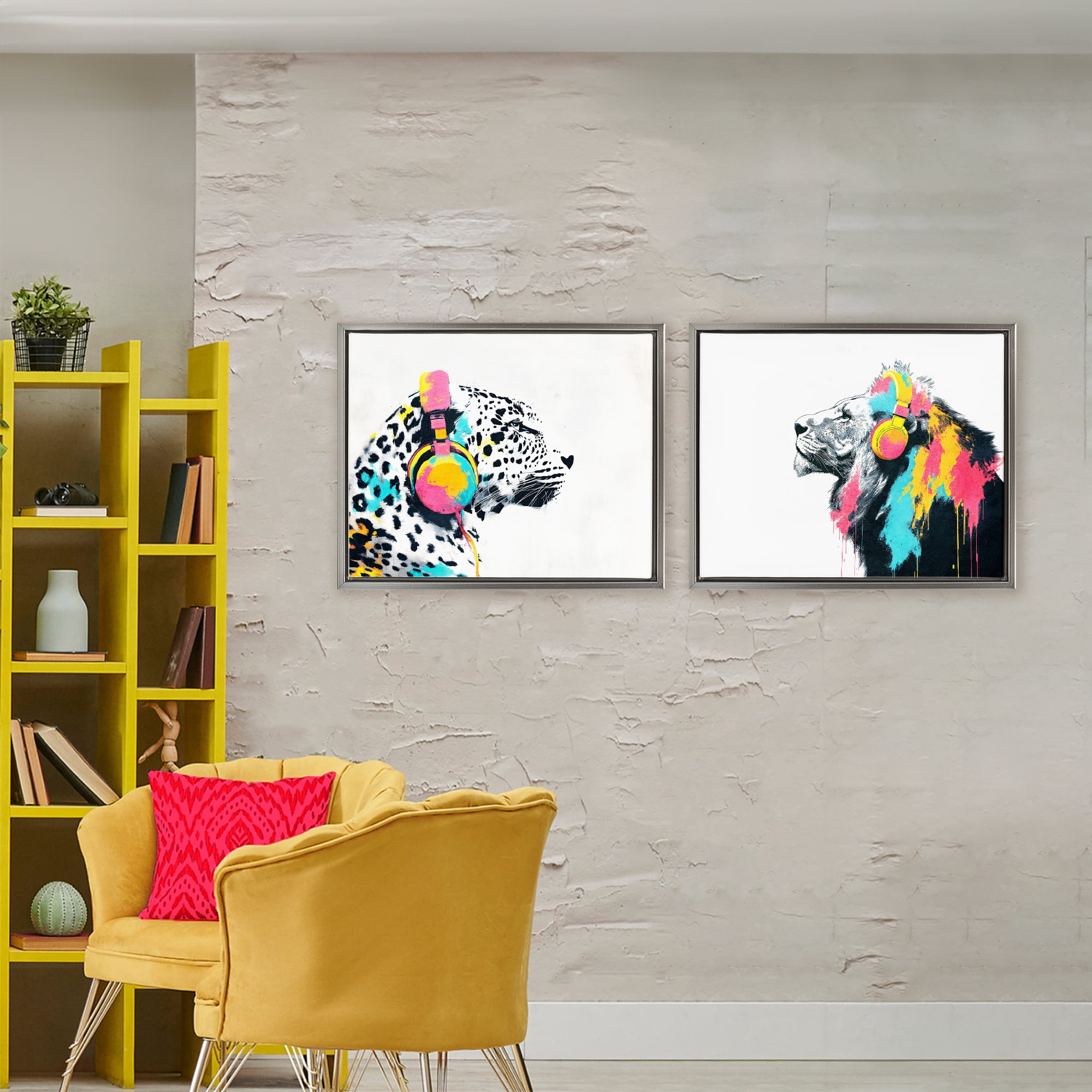 Stupell Industries Leopard and Lion On Air 2 Piece Gray Framed Floater Canvas Set, design by Svetlana Aleynikova