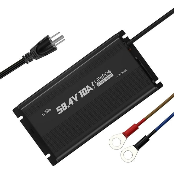 LiTime 58.4V 10A LiFePO4 Battery Charger with Smart 0V Charing Function, AC-DC Lithium Iron Phosphate Lithium Battery Dedicated Charger with Wire Lugs and Cooling Fan for 51.2V Battery