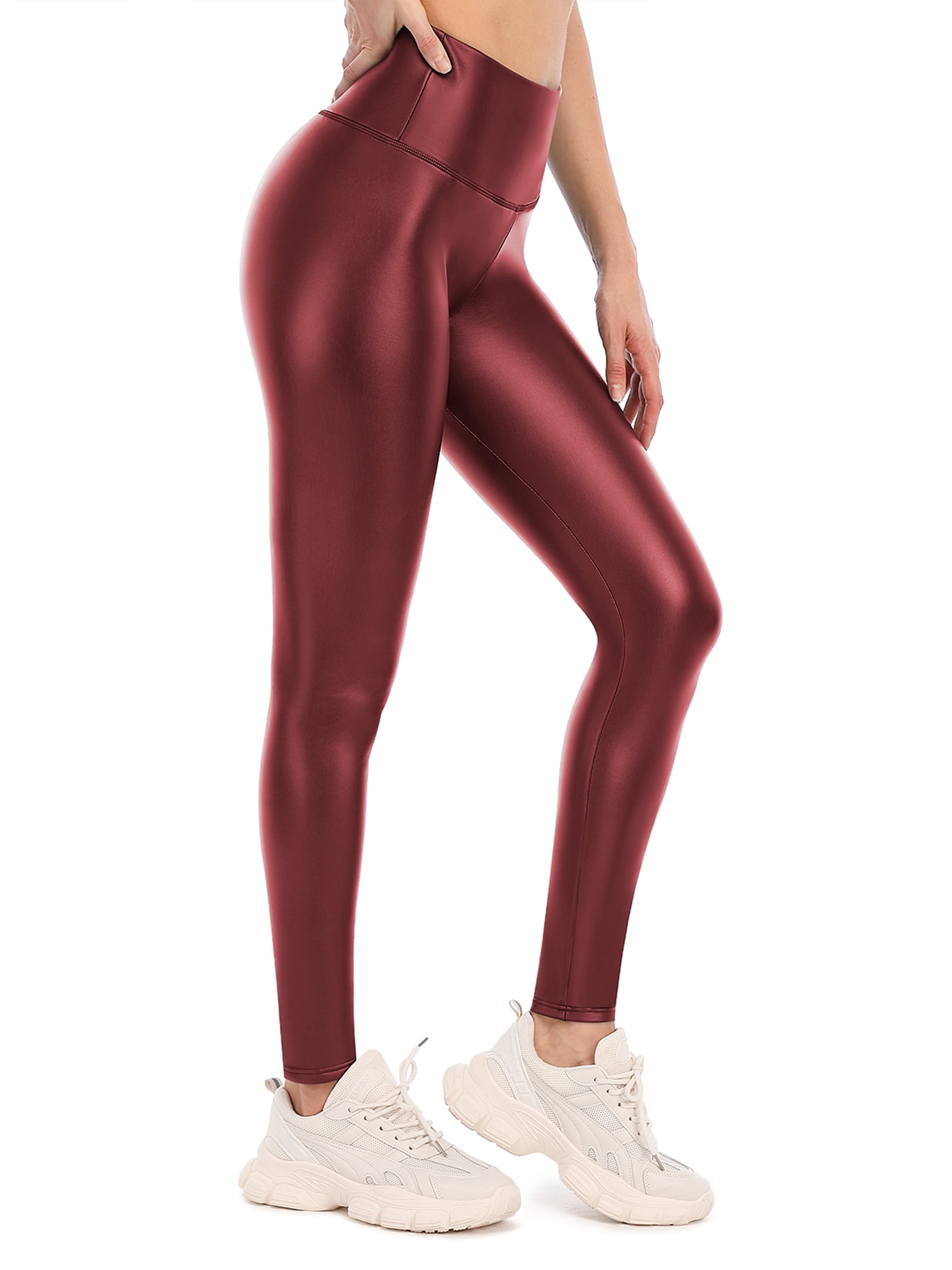 Women's Fleece Lined Leggings Faux Leather Thermal Warm Yoga Pants with Pockets