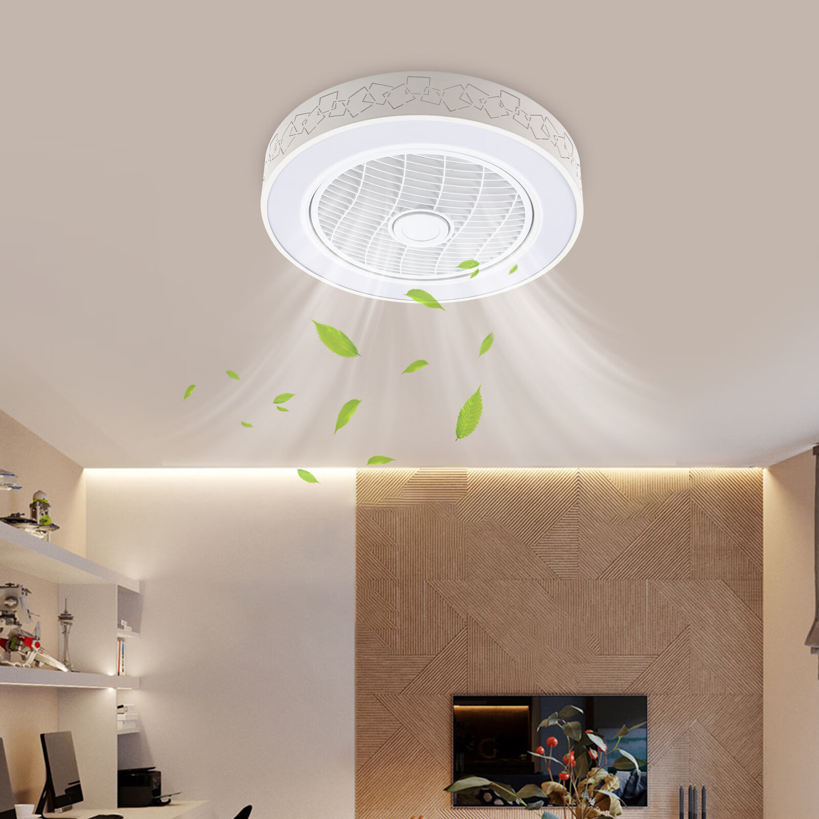 Dimmable LED Ceiling Fan Light Enclosed Round Pendant Fan Lamp w/Invisible Blades 3-Color 6-Speed Ceiling Fan Chandelier 110V