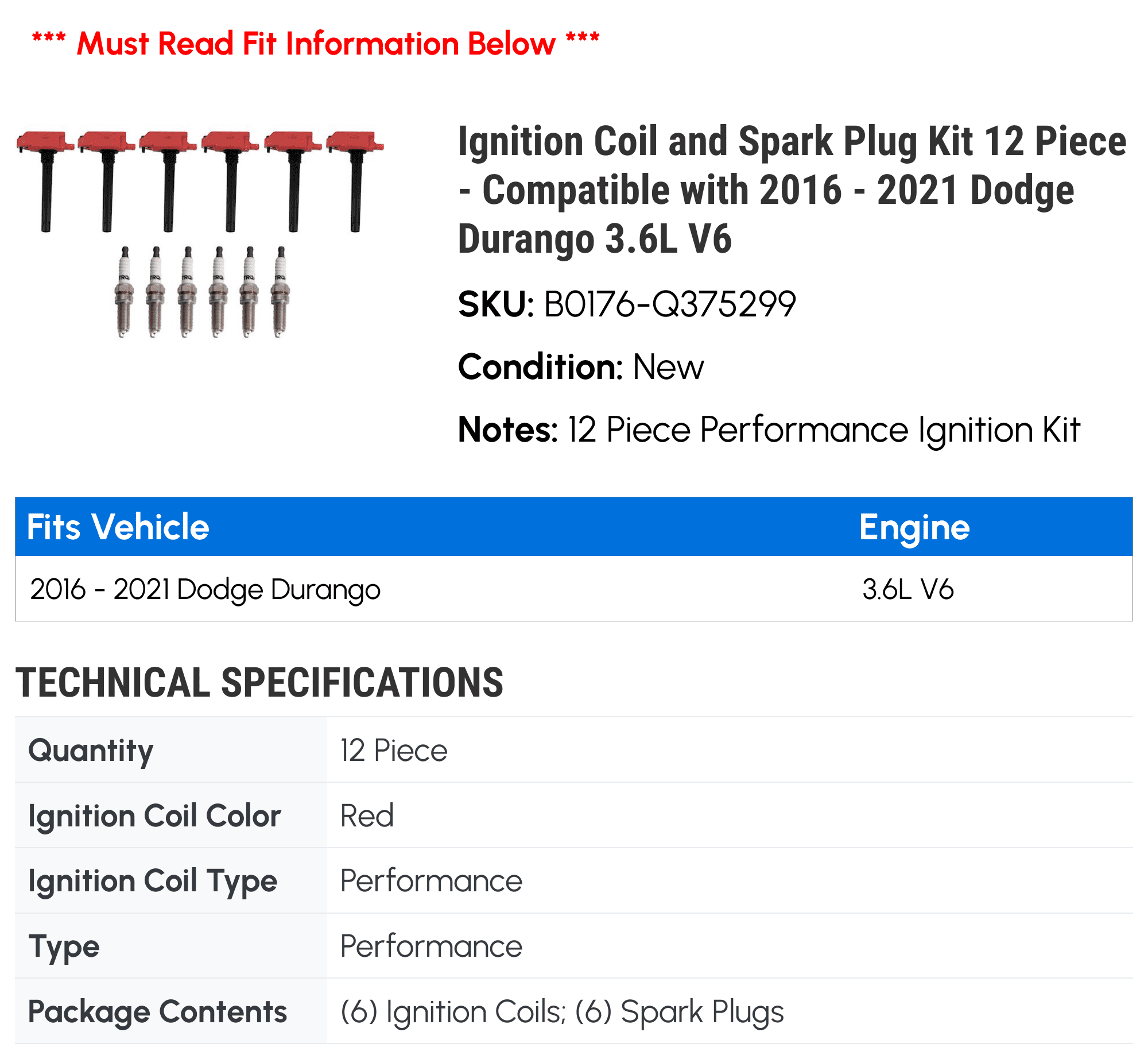 Ignition Coil and Spark Plug Kit 12 Piece - Compatible with 2016 - 2021 Dodge Durango 3.6L V6 2017 2018 2019 2020