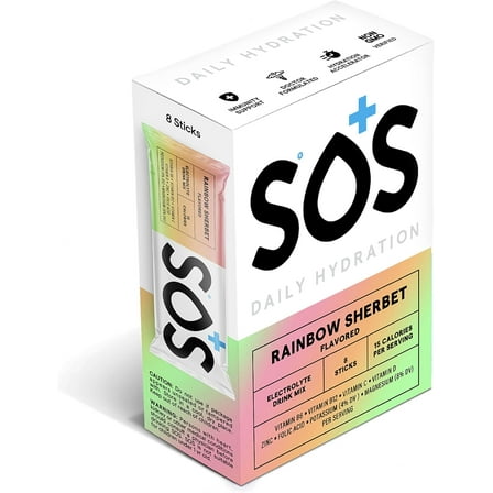 SOS Hydration Electrolyte Powder Sticks, Rainbow Sherbet , 8-Pack, Low Sugar, Vitamins, Potassium Magnesium Zinc