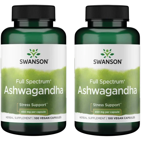 Swanson Ashwagandha Powder Supplement-Ashwagandha Root Supplement Promoting Stress Relief & Energy Support-Ayurvedic Supplement for Natural Wellness (100 Capsules, 450mg Each) (2 Pack)