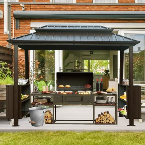 Domi Outdoor Living 6' x 10' Hardtop Grill Gazebo, Outdoor BBQ Canopy with Galvanized Steel Double Roof, 2 Double-Layer Storage Cabinets, Ceiling Hooks, for Backyard and Garden, Brown