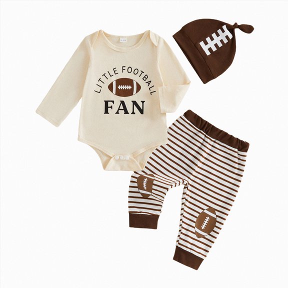 CAICJ98 Newborn Baby Boy Football Outfit Long Sleeve Romper Pants Set with Beanie Hat Fall Winter Clothes (Beige,3-6 Months)