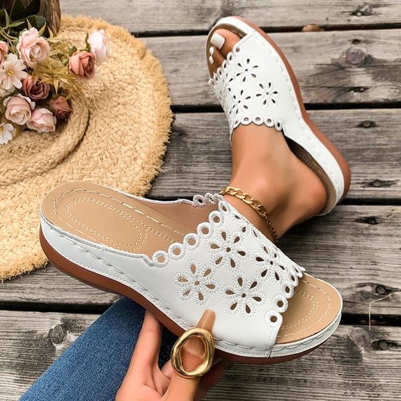 Samdudou Chunky Sole Slide Sandals for Women Open Toe Slip On Wedges Elegant Laser Cutout Floral Pattern Scalloped Edges Casual Summer Beach Vacation Walking Shoes