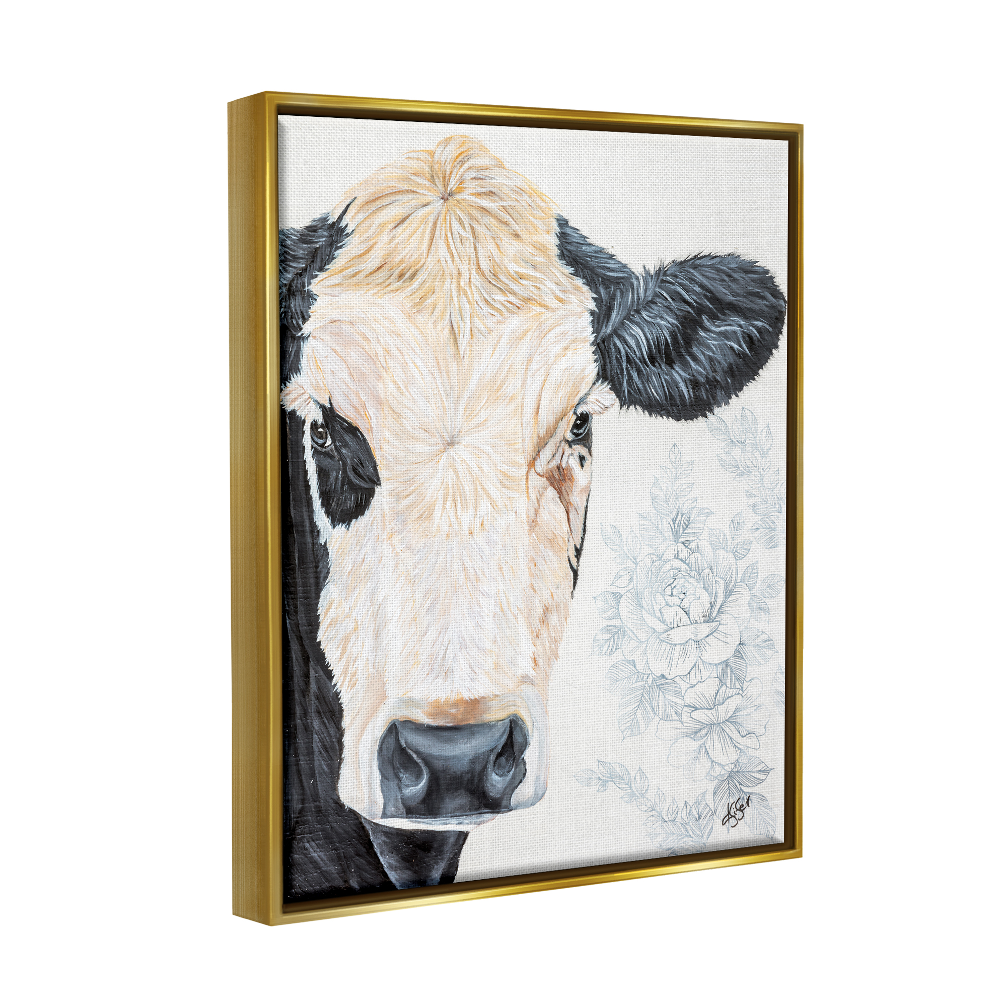 Stupell Floral Cow Farmhouse Rural Portrait Animals & Insects Painting Gold Floater Framed Art Print Wall Art