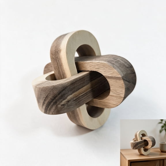Wooden Three Ring Chain Sculpture, Acacia Wood Interlocking Knot Art Statue for Office Living Room Desk Display Home Decor