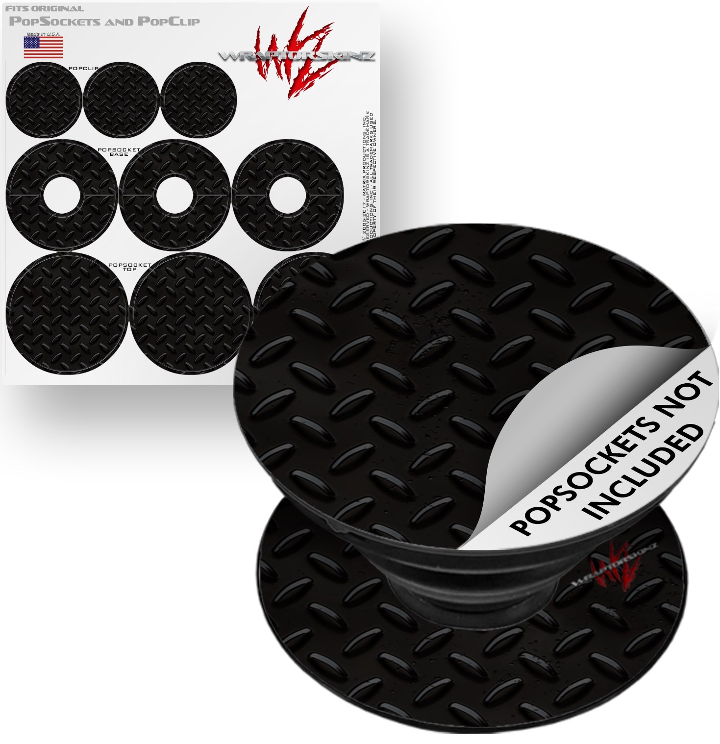 Decal Style Vinyl Skin Wrap 3 Pack for PopSockets Diamond Plate Metal 02 Black (POPSOCKET NOT INCLUDED) by WraptorSkinz