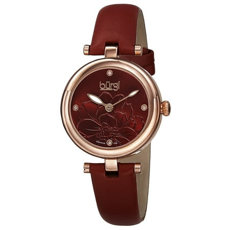- Burgi Women's Quartz Diamond Markers Etched Flower Dial Leather Red Strap Watch