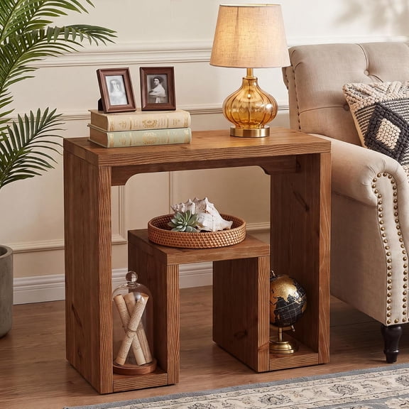 Finmind Solid Wood End Table, U-Shaped Farmhouse Side Table with Open Storage Cubby, Rustic Brown