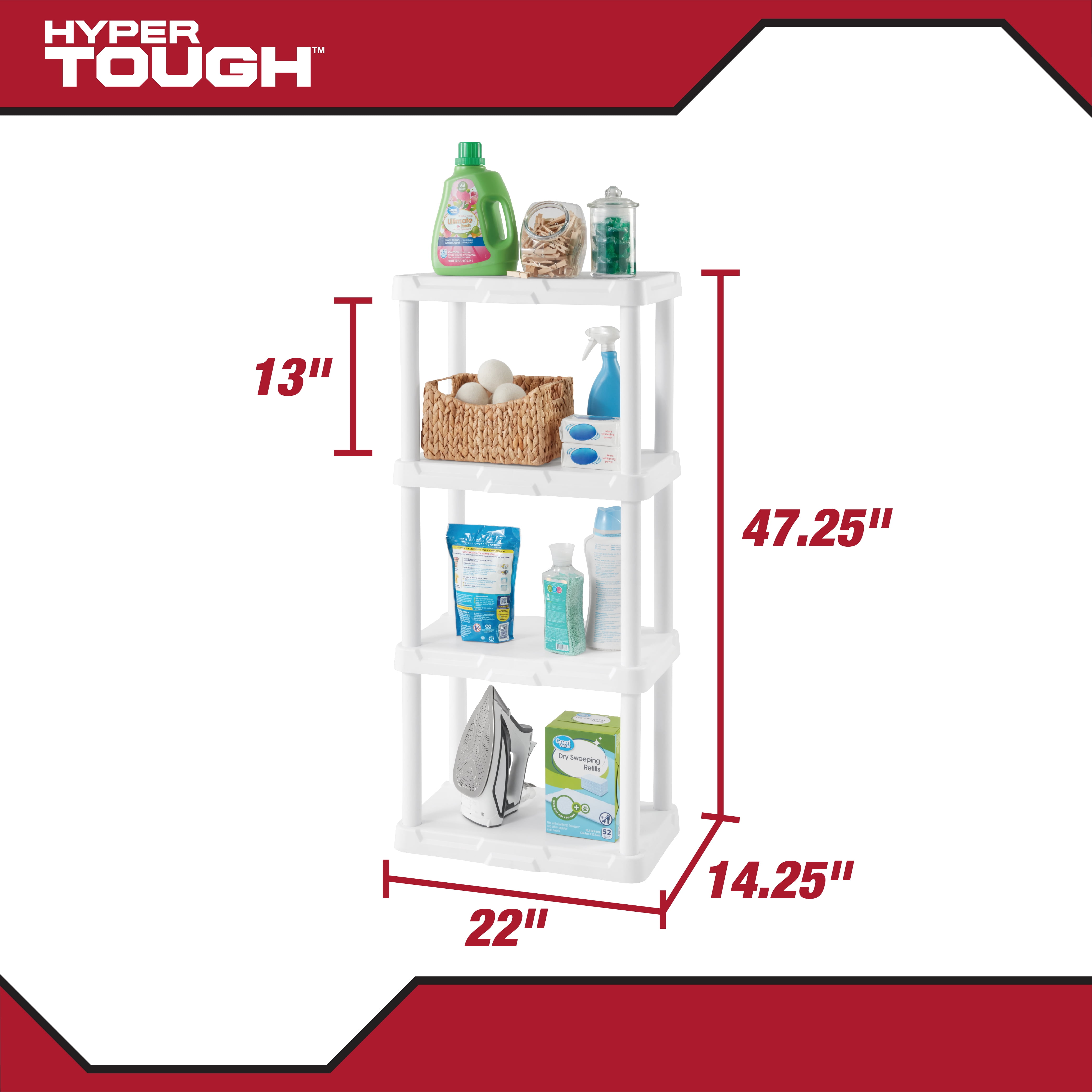 Hyper Tough 4-Shelf White Plastic Storage Shelf, 22" W x 14" D x 47" H, Holds up to 200 lb Total Capacity
