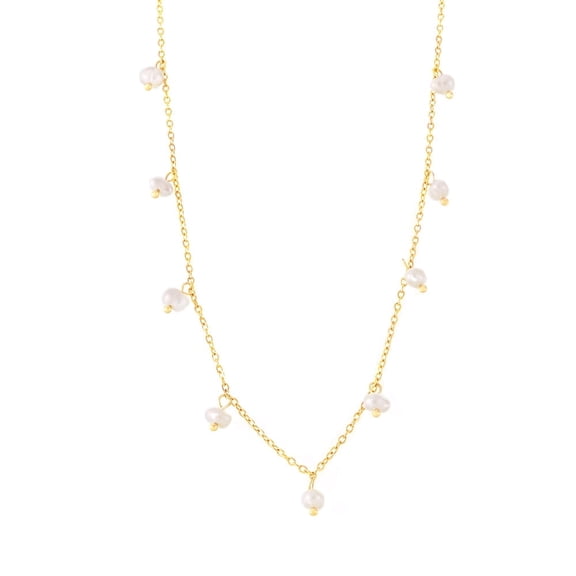 FARONZE 18k Gold-Plated Tassel Pearl Necklace, Titanium Steel Chain and Natural Freshwater Pearls.