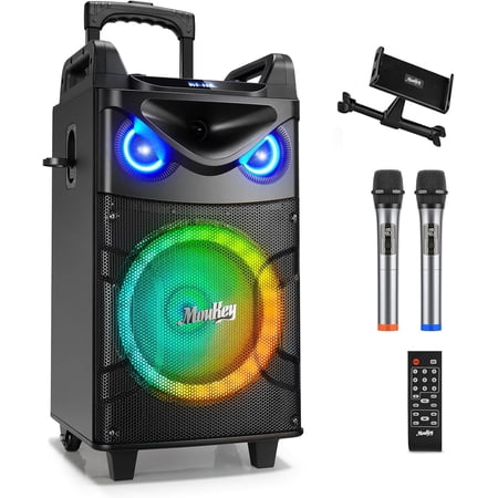 Moukey Karaoke Machine, 12" Woofer PA System, Portable Bluetooth Speaker with 2 Wireless Microphones, Party Lights and Echo/Treble/Bass Adjustment, Supports TWS/REC/AUX IN/MP3/USB/TF/FM - MTs12-1