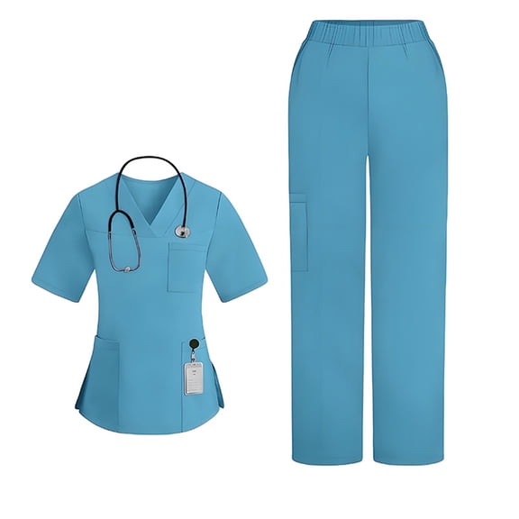 2025 Scrubs for Women Set Stretch Fit Scrub Top & Jogger V-Neck Pants Medical Nurse Uniforms Set Multi Pocket Light Blue XXL