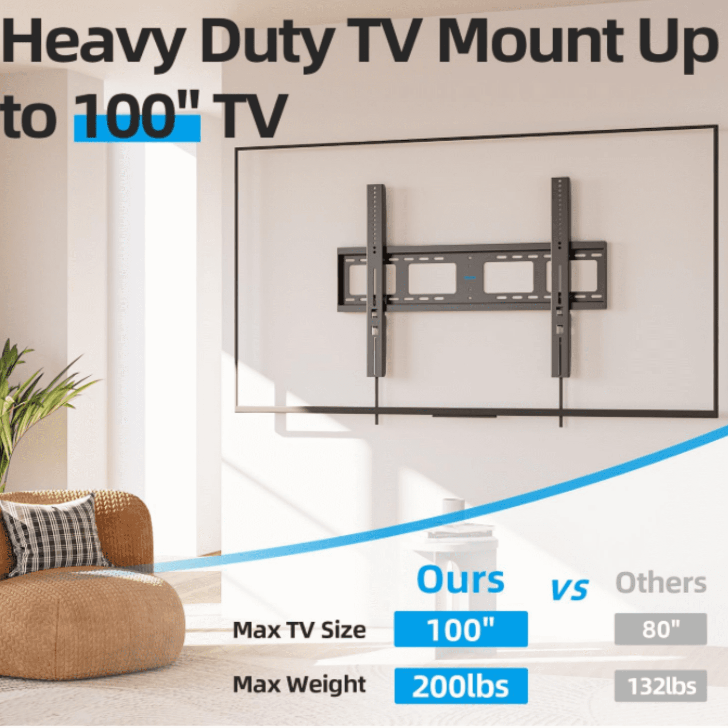 Heavy Duty TV Wall Mount for 55-100 inch Large TVs up to 200 LBS & 800x600 mm Vesa, Ultra Slim Fixed TV Mount, Low-Profile TVS Bracket, 16" 24" 32" Wood Stud, Fit Most 65+ 75+ 85 86 90 98 100 TVs