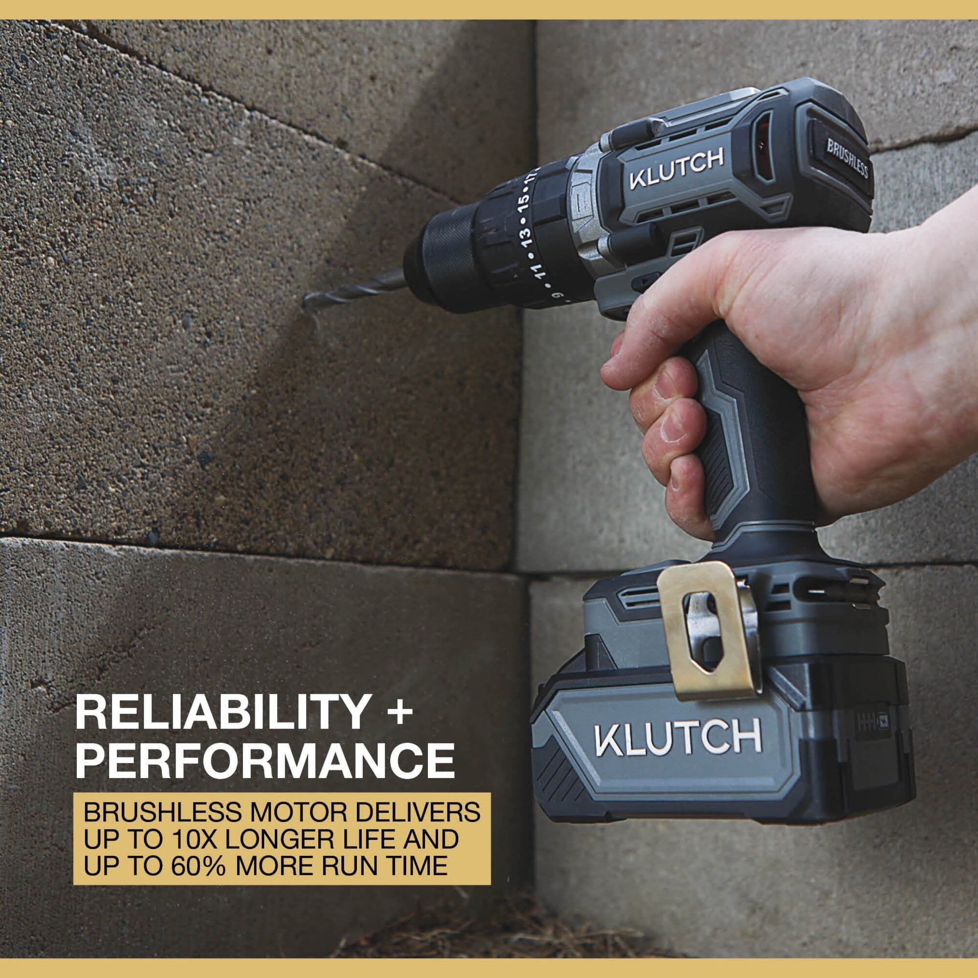 Klutch 1/2in. Hammer Drill/Driver, KLiQ 20V, 440 In./Lbs. Breakaway Torque, Brushless, Cordless, Bare Tool