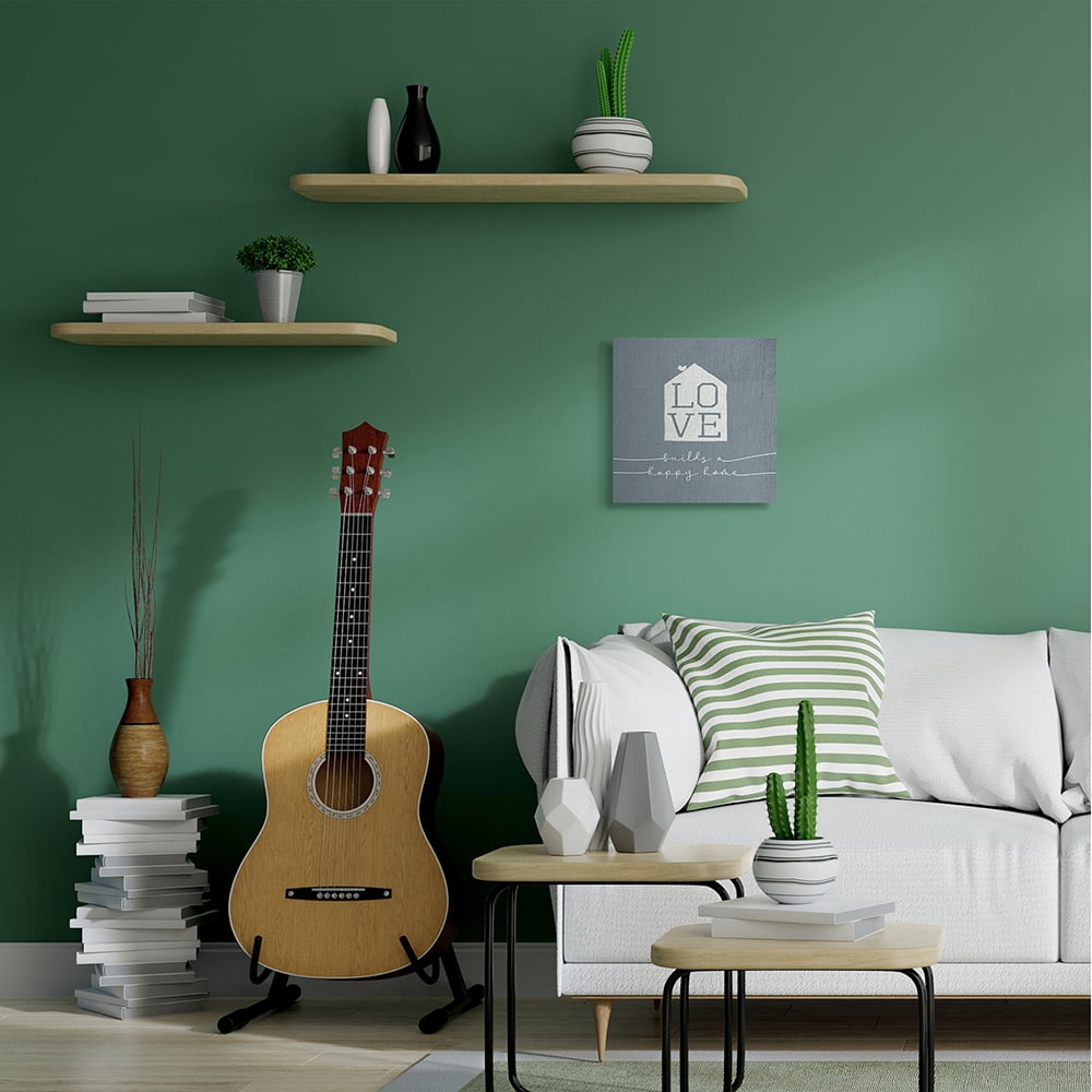 Love Builds Happy Homes Phrase Rustic Blue Typography Gallery-Wrapped Canvas Print Wall Art, 17x17