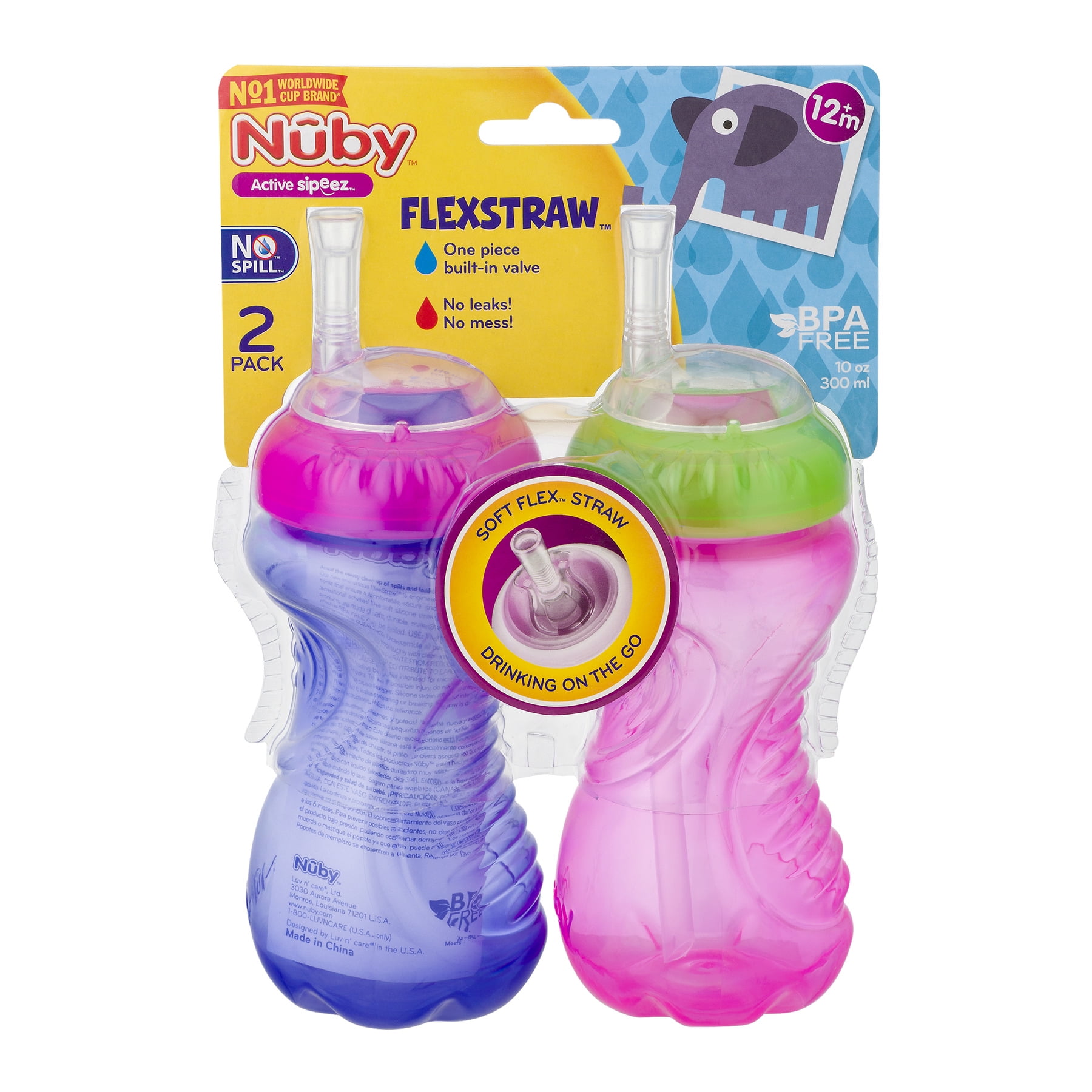 Nuby 2Pack NoSpill Cup with Flex Straw, 10 Ounce, Colors May Vary