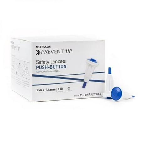 McKesson Prevent Safety Lancet Fixed Depth Lancet Needle, 1.4 mm Depth, 25 Gauge, Push Button, Box of