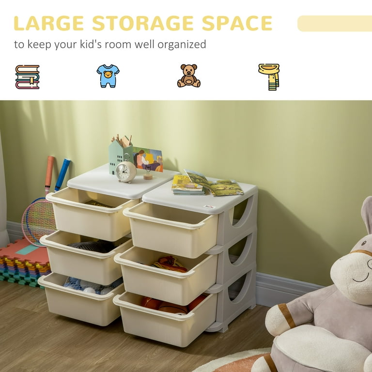 Qaba 3 Tier Kids Storage Unit, 6 Drawer Chest Toy Organizer Plastic Bins  for Kids Bedroom Nursery Kindergarten Living Room for Boys Girls Toddlers