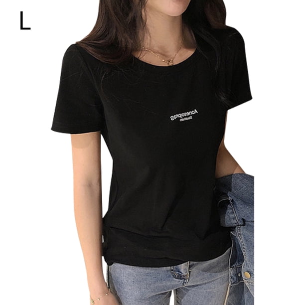 Camiseta de mujer Camiseta de manga corta con cuello redondo Camiseta estampada con letras, Negro, L Inevent AP001571-10B