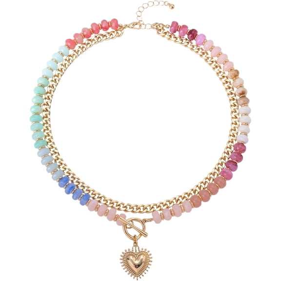 HETICA Layered Necklaces for Women Beaded & Curb Chain Heart Necklace Acrylic Beaded Choker Summer Boho Jewelry Beached Necklaces for Women