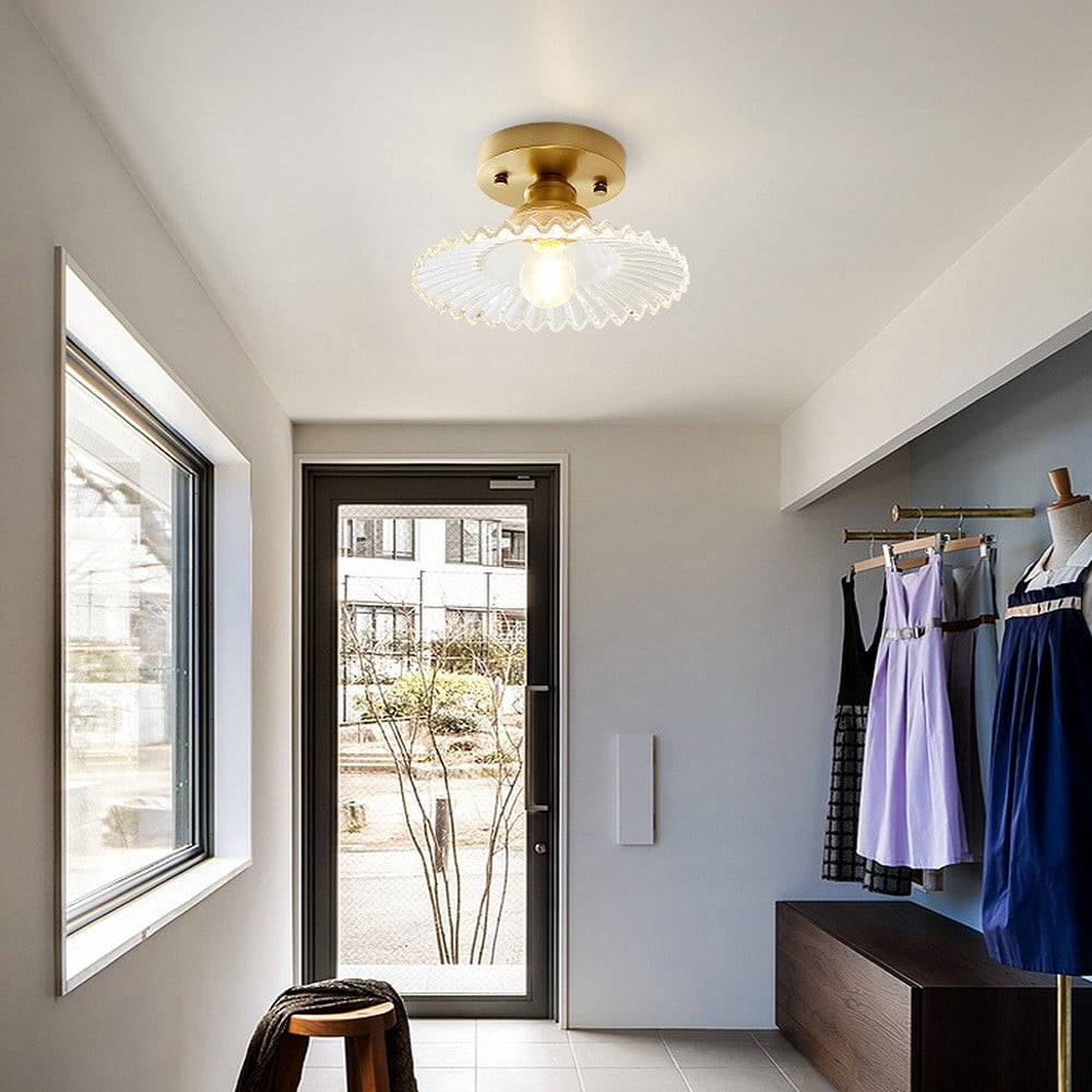 Litfad 1 Light Ceiling Lamp Flared Semi Flush Light Industrial Clear Ribbed Glass Ceiling Mount Light LED Close to Ceiling Light,Clear