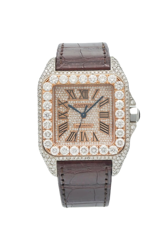Pre-Owned Cartier Santos 100 38MM W20073X8 Champagne Roman Dial Diamond Bezel Brown Leather Strap 11.35ct