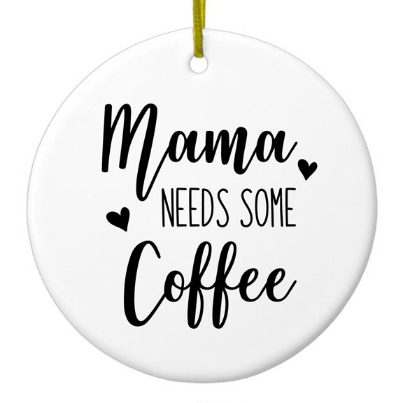 DistinctInk Hanging Ceramic Christmass Tree Ornament with Gold String - Great Gift / Present - 2 3/4 inch diameter - Mama Needs Some Coffee