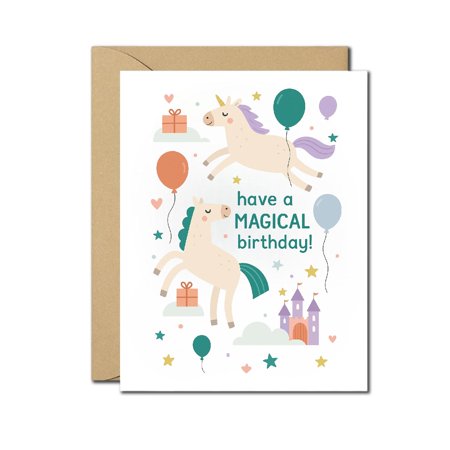 Cute Unicorn Birthday Card – “Have a Magical Birthday” – Whimsical Design with Balloons & Castle – Perfect for Kids  Girls  and Unicorn Lovers – Blank Inside with Envelope