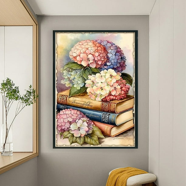 Cuadros Decorativos Kit de punto de cruz de libros de hortensias impresas de 11 quilates de algodón ecológico completo de hilo de bordar DQrwqpou embutido en tela