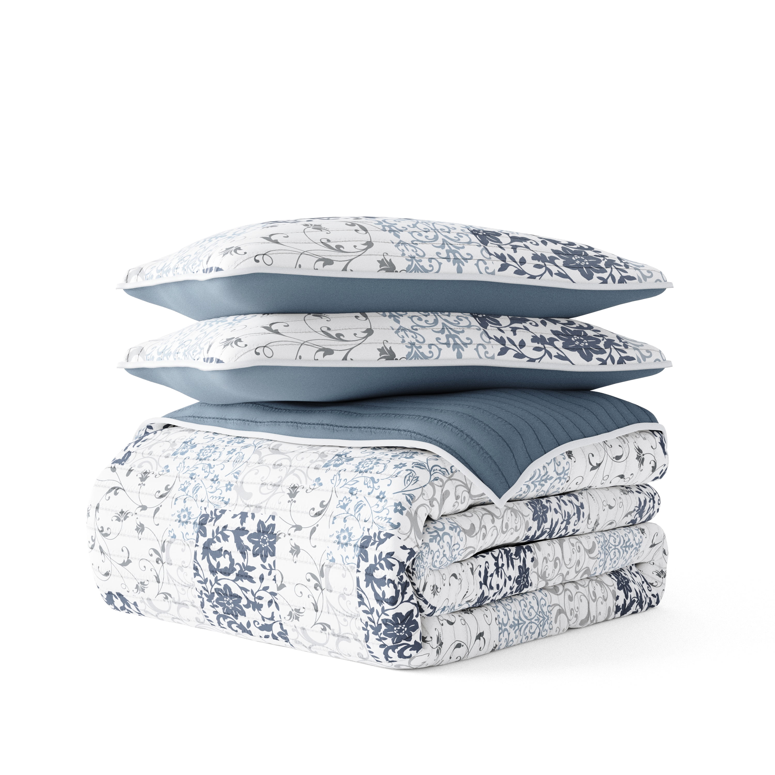 Noble Linens Dusk Blue 3 Piece Scrolled Patchwork Reversible Microfiber Quilt Set, Twin / Twin XL